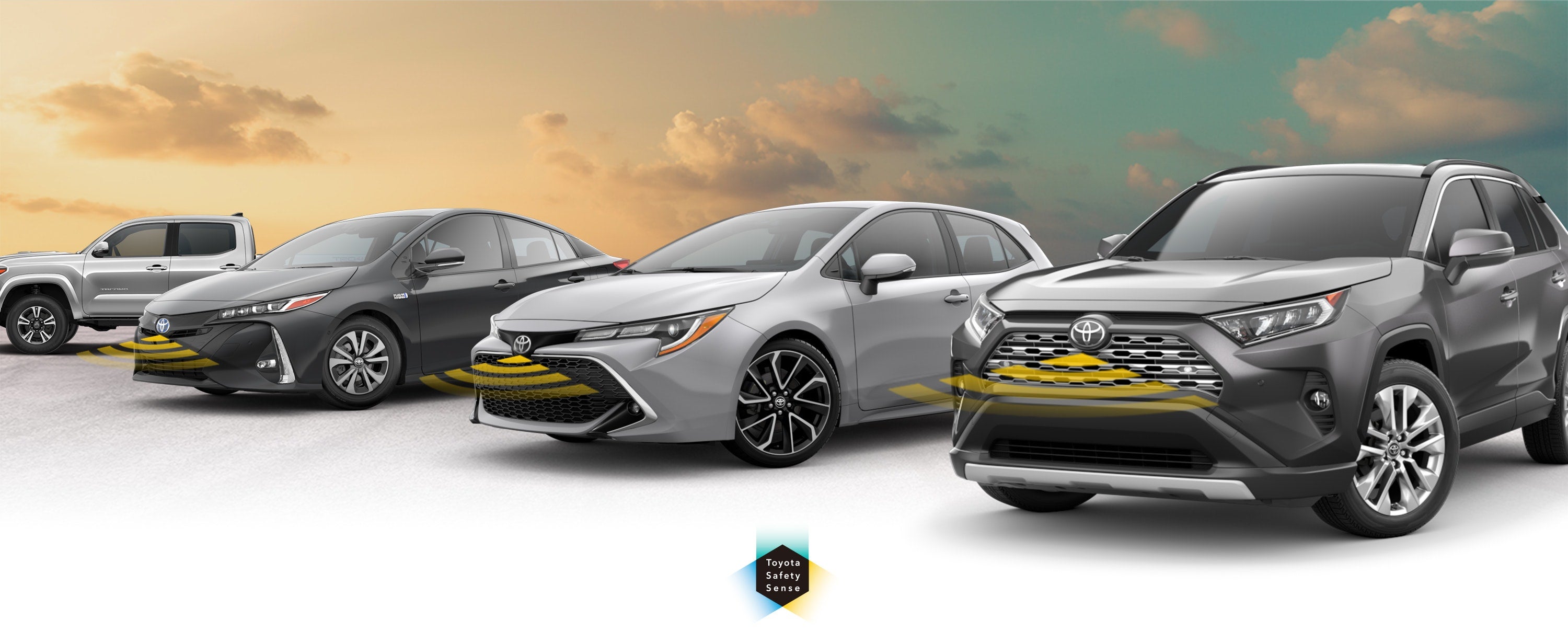 Toyota Safety Sense: Designed for Safety. Options shown on Toyota models including RAV4, Tacoma, and Camry, available now at Hubler Toyota in Indianapolis IN.